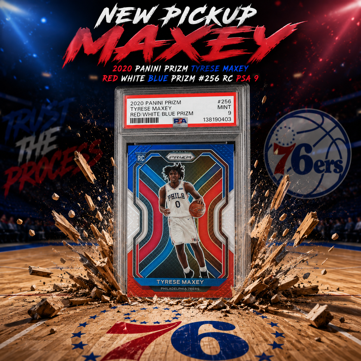 2020 Panini Prizm Tyrese Maxey Red White Blue Prizm #256 RC PSA 9