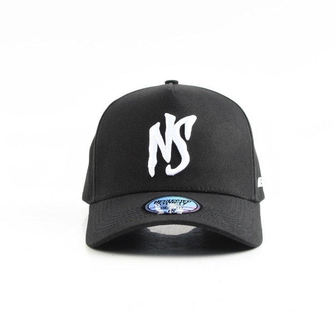 Black cap with white logo on a white background