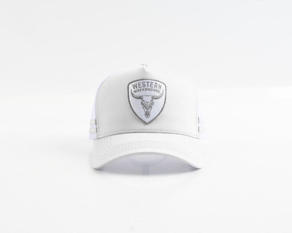 light grey cap with a logo on a white background
