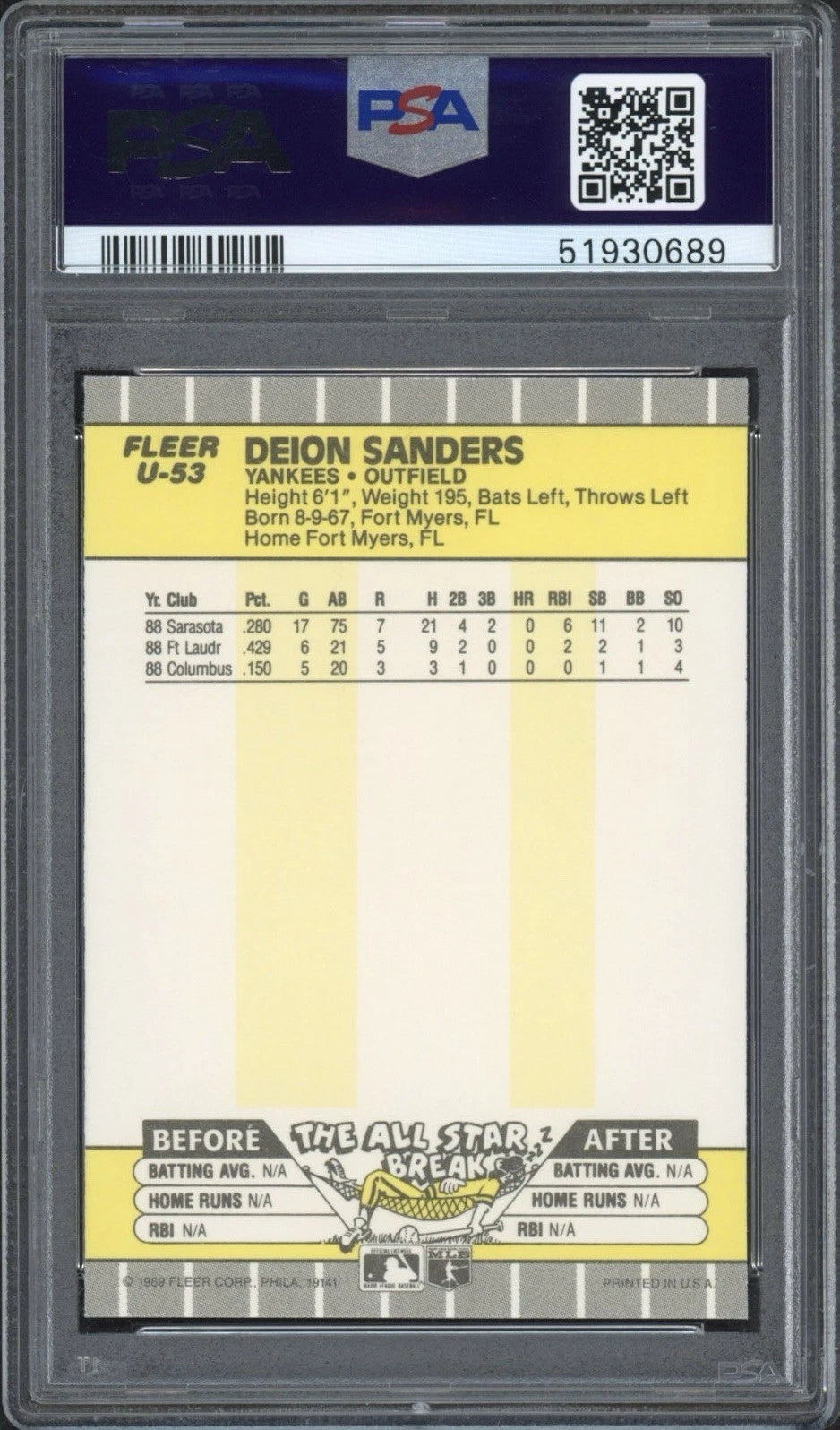 1989 Fleer Update Deion Sanders #U-53 PSA 9 MINT Rookie RC