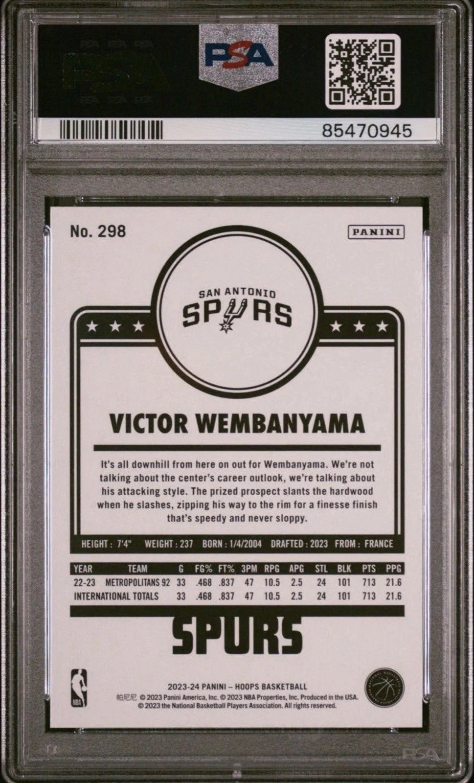 2023 Panini NBA Hoops Victor Wembanyama Rookie #298 PSA 10 GEM MINT Spurs