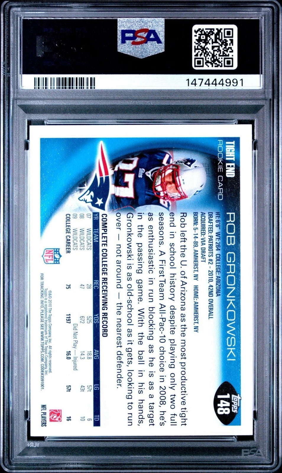 2010 Topps Rob Gronkowski Rookie #148 PSA 9