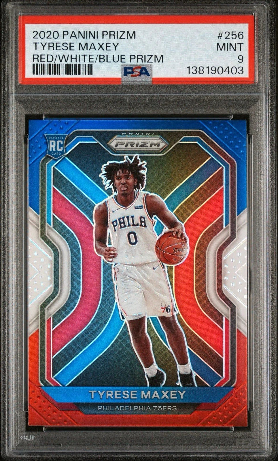 2020 Panini Prizm Tyrese Maxey Red White Blue Prizm #256 RC PSA 9