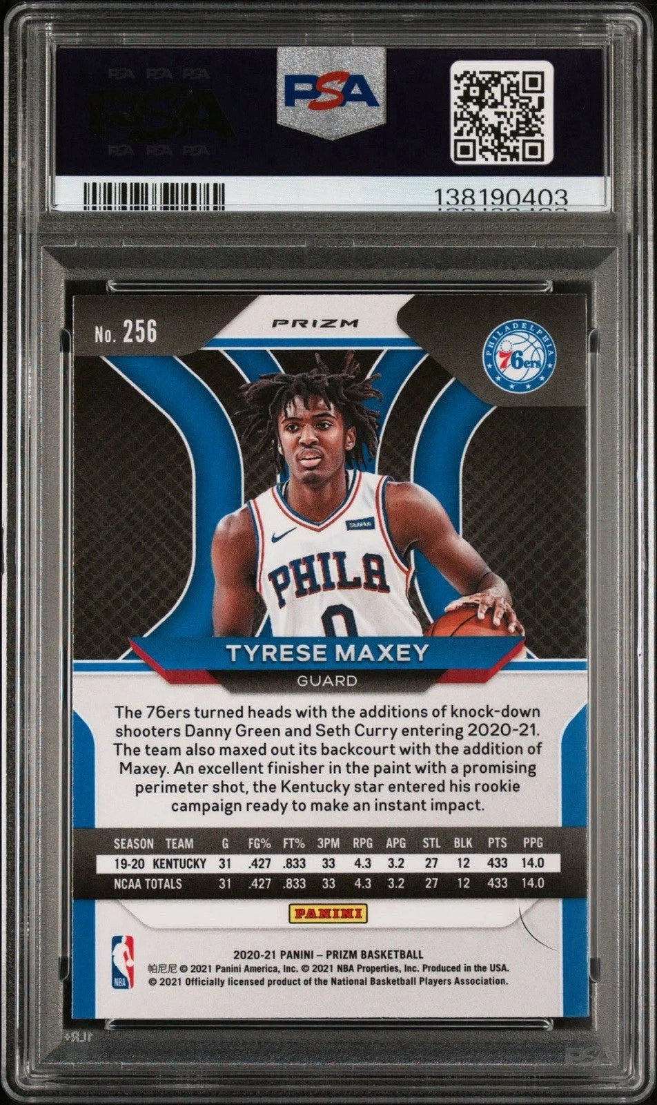 2020 Panini Prizm Tyrese Maxey Red White Blue Prizm #256 RC PSA 9