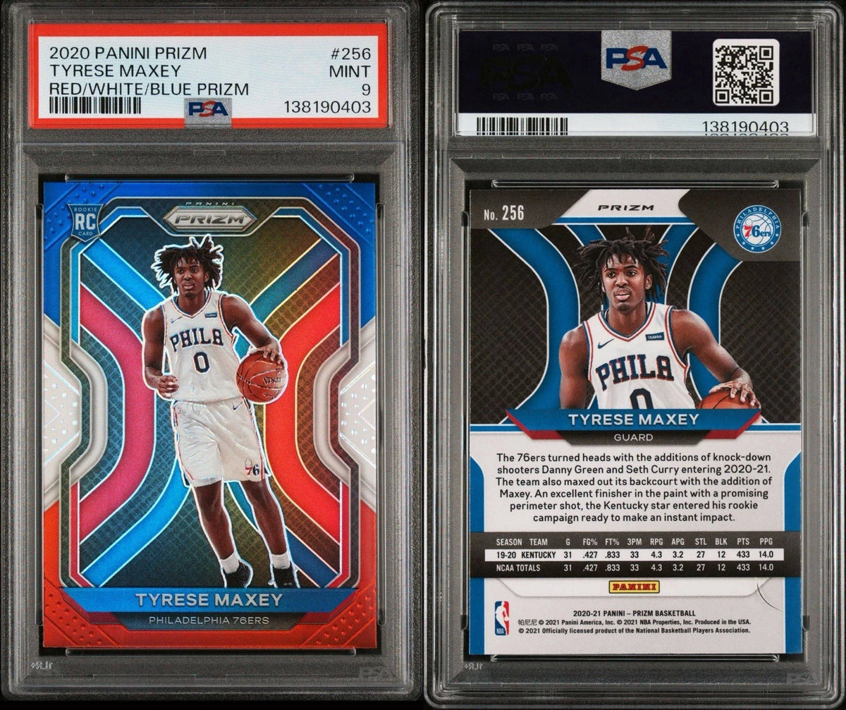 2020 Panini Prizm Tyrese Maxey Red White Blue Prizm #256 RC PSA 9